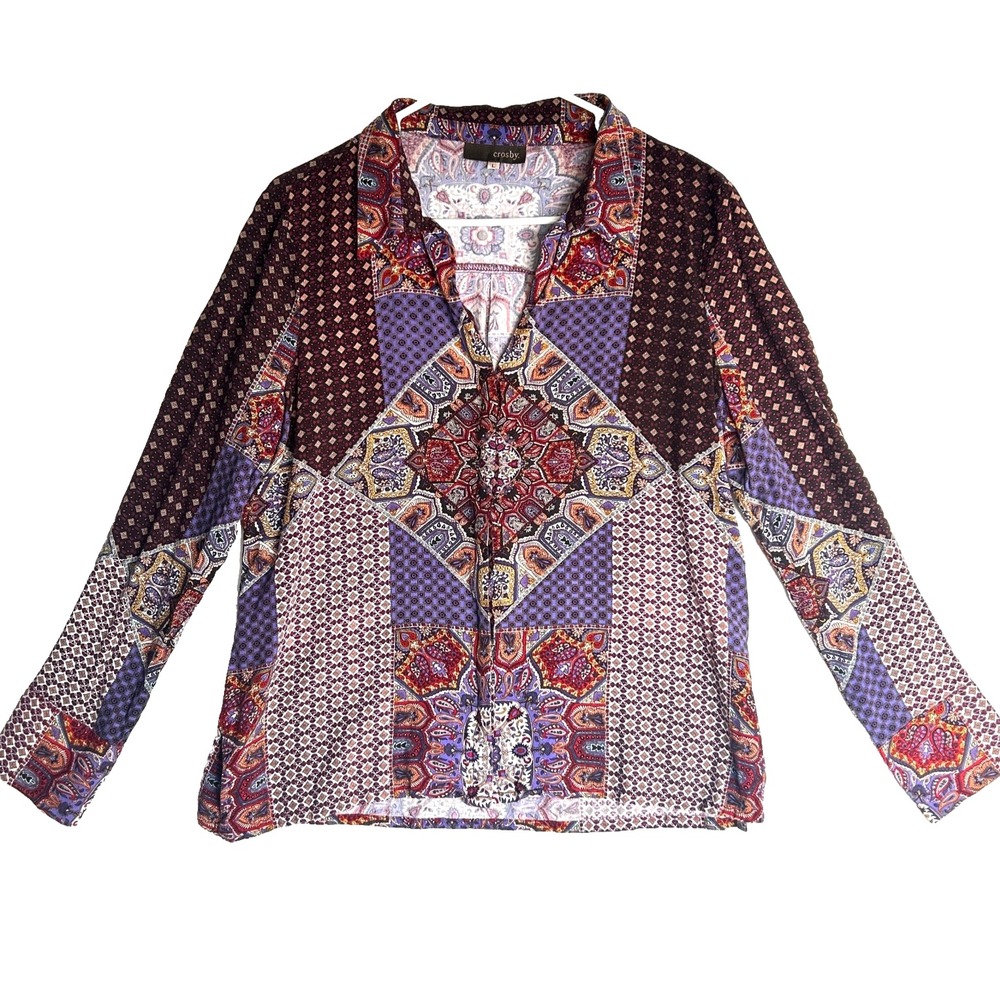 Crosby The Shirt Medallion Mix Print Top Womens L M Boho Chic Button Art to Wear
